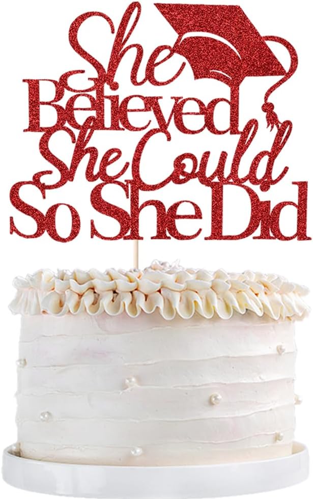 She Believed She Could So She Did Cake Topper,2025 Graduation Cake Topper,cake Decorations for Girls,2025 High School/College/University Graduation (red)