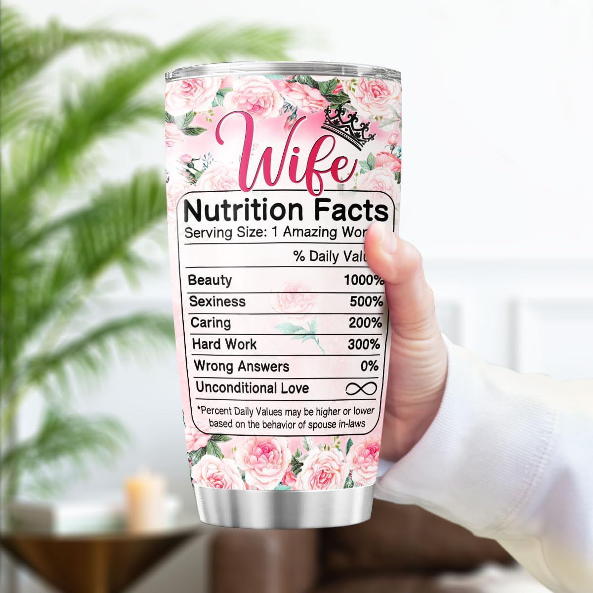 Romantic Floral Wife Gift Tumbler, Rose Design with Funny Nutrition Facts, 20oz Insulated Stainless Steel Cup for Her, Ideal Anniversary, Birthday, Valentine or Christmas
