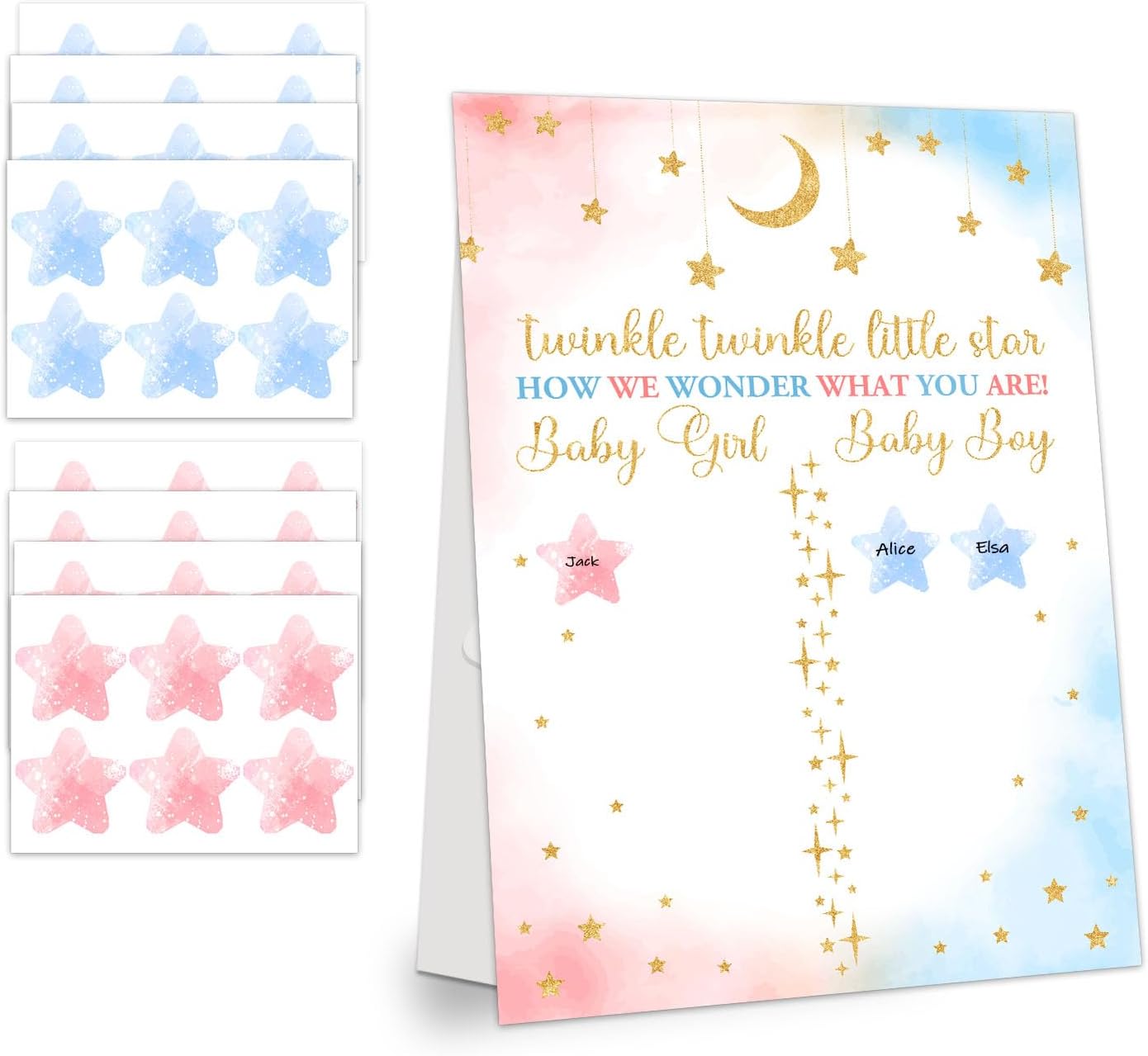 Gender Reveal Party Games, Twinkle Little Star Theme Baby Gender Reveal Voting Board Sign, 48 Boy Girl Voting Stickers, He or She, Baby Gender Reveal Party Decorations Games for Boy or Girl Shower