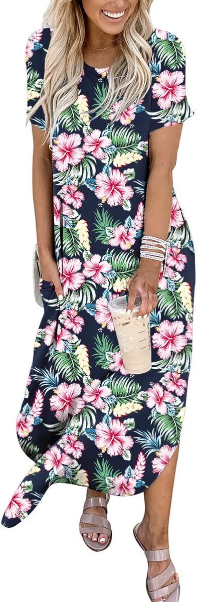 ANRABESS Womens Summer Maxi Dress Short Sleeve Casual Loose Long T Shirt Dresses Split Vacation Beach Sundress Travel Outfits
