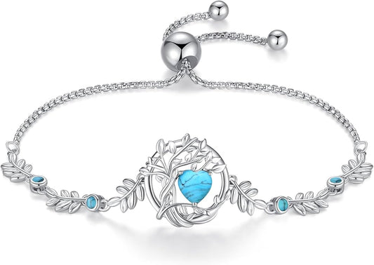 FANCIME Valentines Day Gift Tree of life Birthstone Bracelet for Women Sterling Silver Tree Jewelry Birthstone Charm Bracelet Gemstone Anniversary Birthday Gifts for Wife Mom Her