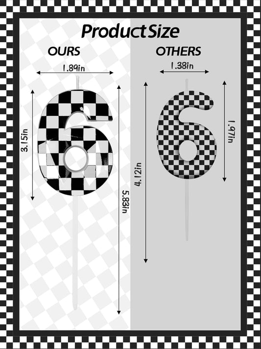 Number 6 Racing Cars Birthday Candles,2.68 Inch Black White Checkered Birthday Number Candles, Cool Racing Themed Number Candles for Boys and Girls, Kids Race Car Themed Party Decorations Supplies