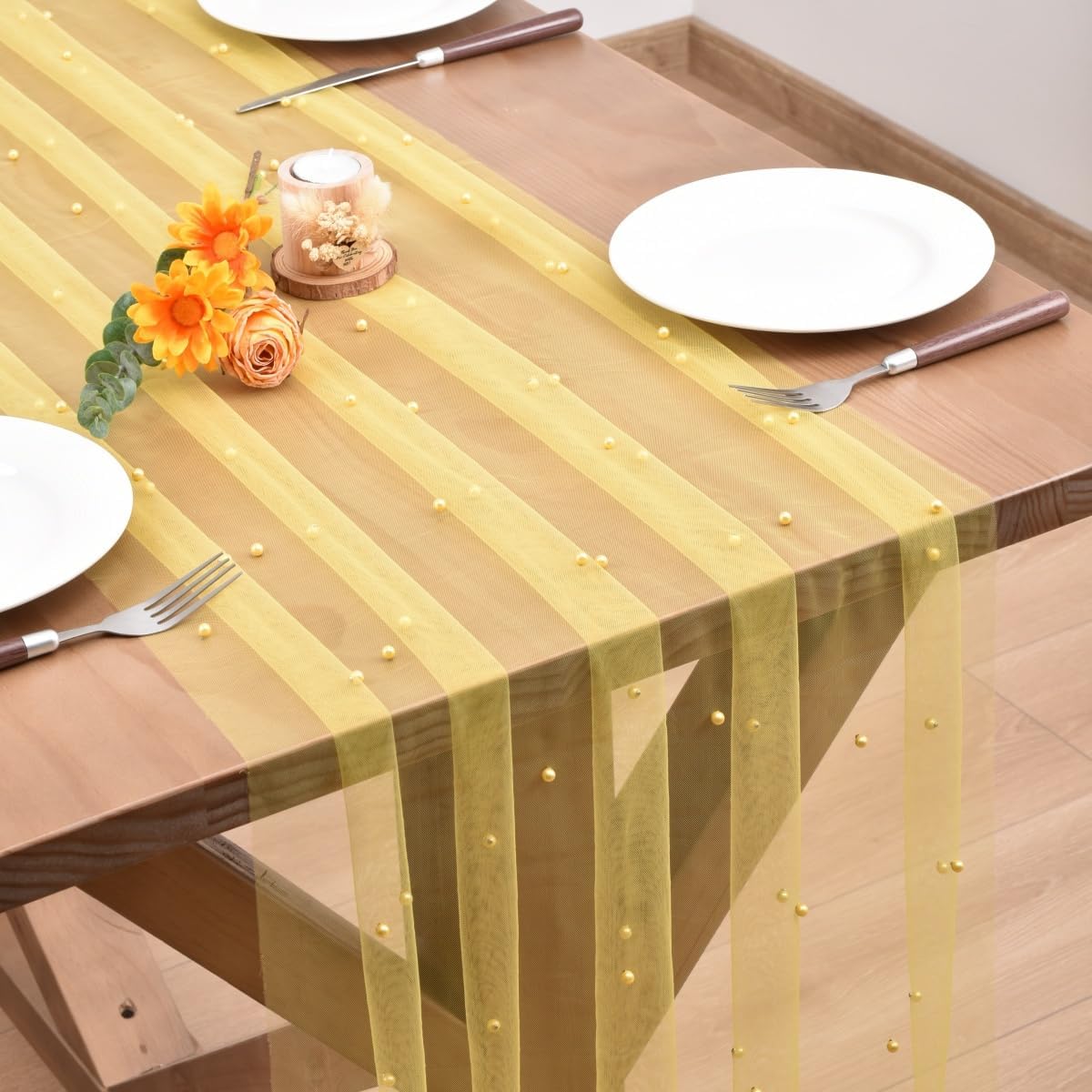 Yellow Pearl Fall Thanksgiving Table Runner Boho Rustic Tulle Lace Table Runner for Baby Shower Wedding Arch Decor Veil Dessert Table Decor 3pcs