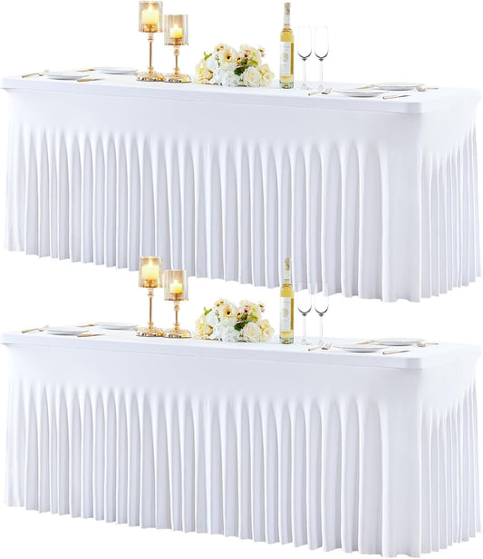 2 Pack 6ft White Spandex Tablecloths for Rectangle Tables Wrinkle Free White Rectangle Table Cloth, Stretch Fitted Table Cover with Skirt for Wedding Birthday Party Banquet Baby Shower Buffet Event