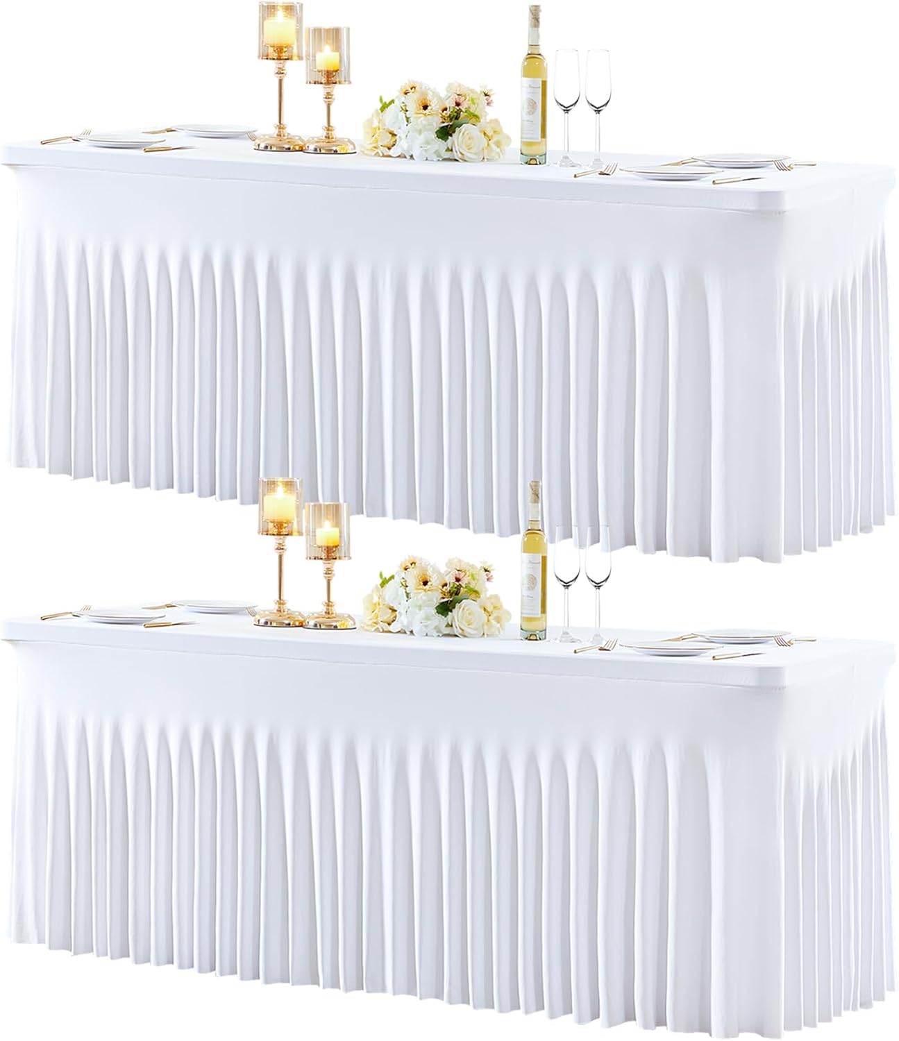 2 Pack 8ft White Spandex Tablecloths for Rectangle Tables Wrinkle Free White Rectangle Table Cloth Stretch Fitted 8 foot Table Cover with Skirt for Wedding Birthday Party Banquet Baby Shower Buffet