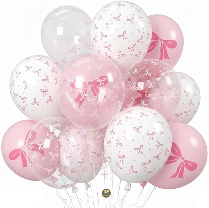 AFTERLOON® Biodegradable Balloons 35 pcs Pastel Pink Clear White with Large Bow Printed 12 Inch Set, Thickened Extra Strong Latex Helium Float, for Baby Shower Gender Reveal Garland Arch Decorations