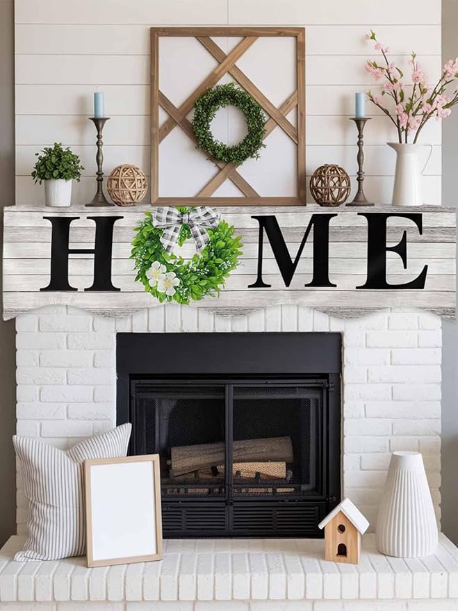 Rustic Fireplace Mantel Scarf Table Runner,Eucalyptus Leaves Green Wreath Wooden Plaid Home Winter Garland Mantel Top Tablerunners Dresser Scarves Cover for Windows Party Living Room 70"x17"