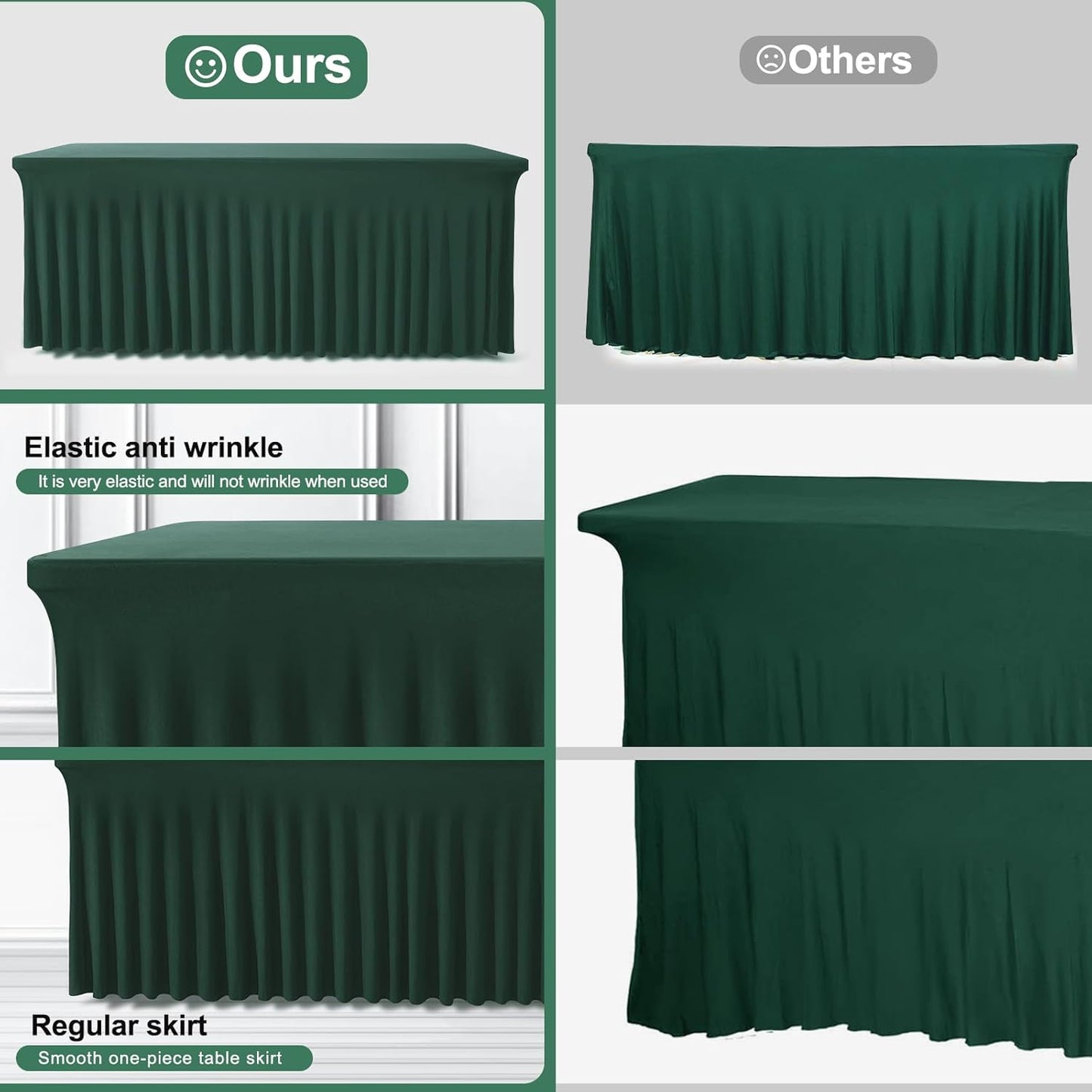 Table Skirts for Rectangle Tables 8ft - One-Piece Hunter Green Tablecloths and Skirt, Wrinkle Resistant Ruffles Elastic Cover for Banquets, Weddings, Events, Parties
