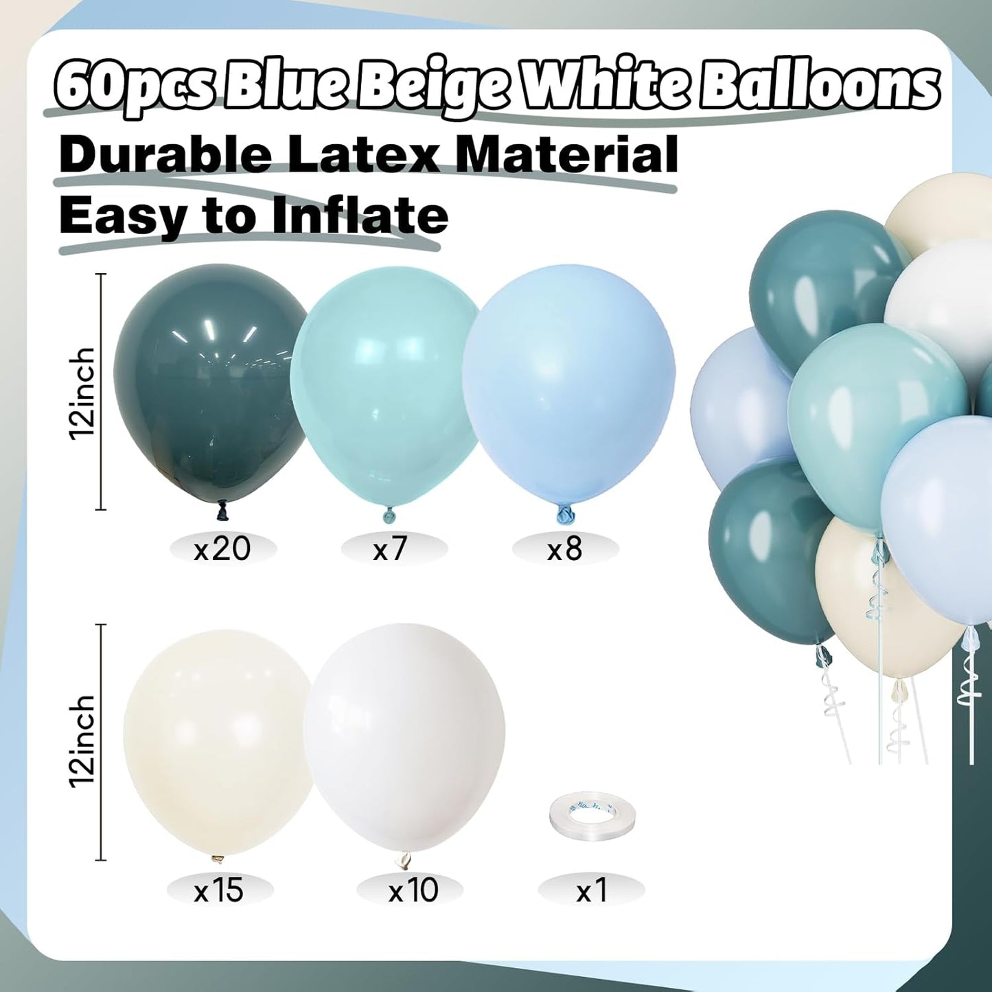 Blue White Balloons Dusty Blue White Beige Balloons 60PCS 12INCH Slate Blue Balloon for Bear Birthday Party Decorations Retro Sage Sea Pastel Blue Helium Latex Balloon for Boho Wedding Baby Shower