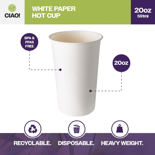 CIAO! 20oz White Paper Hot Cup, Disposable, 90mm Diameter 600 Count