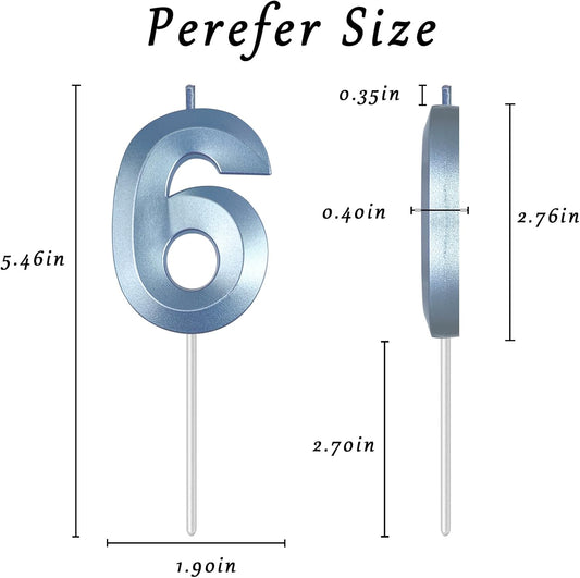 Blue Number 6 Candles, 3D Diamond 2.76 Inch Cake Topper Birthday Candles for Wedding Anniversary Cake Decorations, Happy Birthday Party Decorations