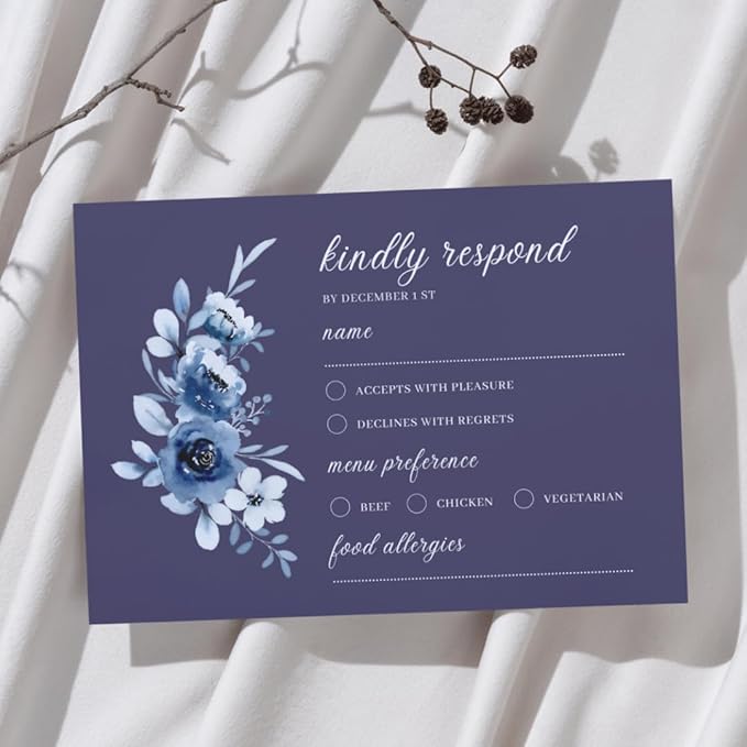 crafty-bell Glossy Finish Personalized Wedding RSVP Response Cards with White Envelopes, Blue Floral Design, 15 Count Respond Cards in Glossy Finish (Navy Blue)