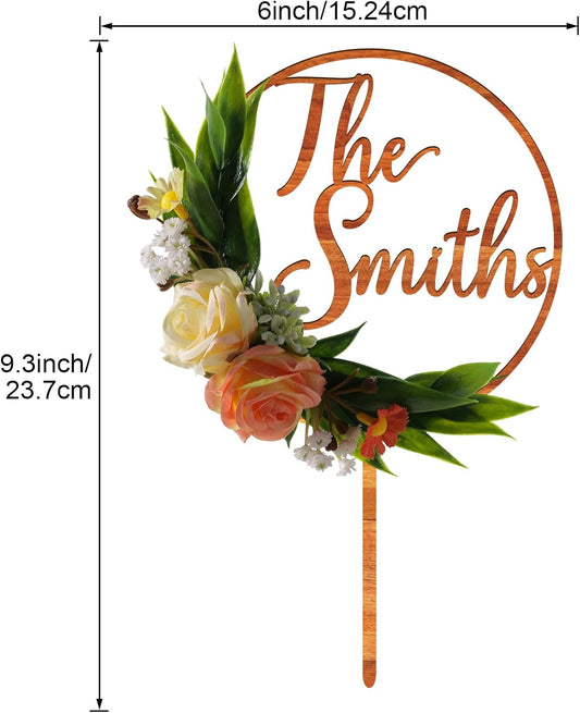 3D Flowers Wedding Cake Topper Custom Last Name Wedding Cake Decoration in Wood with 3D Artificial Roses (Maple)