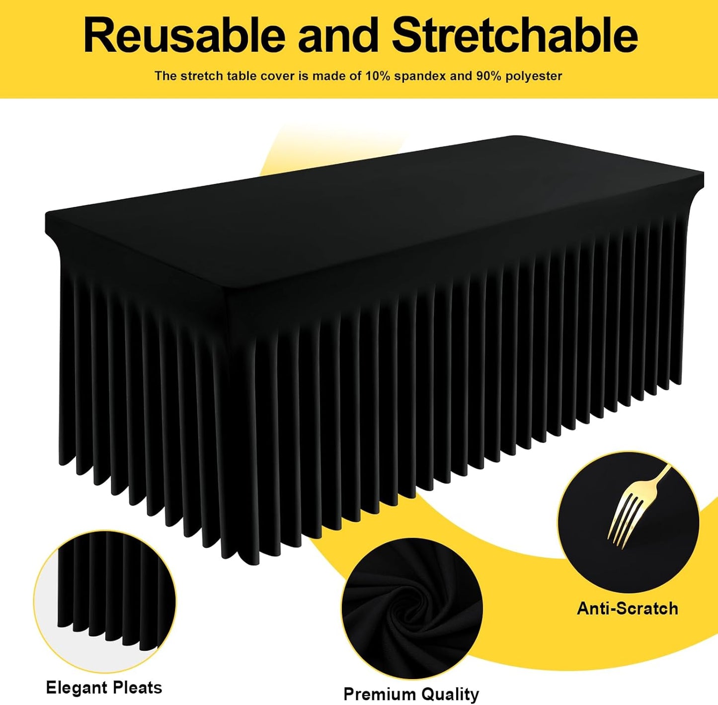 Smiry Spandex Tablecloth 2 Pack, Elastic Fitted Stretch Tablecloth for 8FT Rectangle Tables, Waterproof Washable Table Cover Skirt for Outdoor, Wedding, Banquet & Parties (Black, 96Lx30Wx30H Inch)