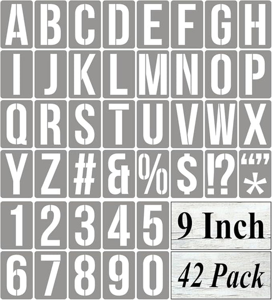 9 Inch Alphabet Letter Stencils for Painting - 42 Pack Letter and Number Stencil Templates with Signs for Painting on Wood, Reusable Numbers and Letters Stencils for Chalkboard Wood Signs & Wall Art