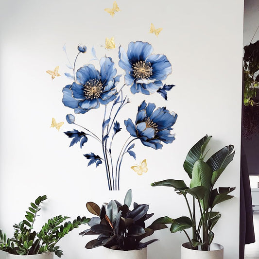 Wall Stickers Lotus Butterfly Wall Decals Watercolor Lotus Flowers Window Stickers Flowers & Gold Shining Butterfly Wall Posters Vinyl Blossom Art Wall Decal for Living Room Bedroom Home Decor
