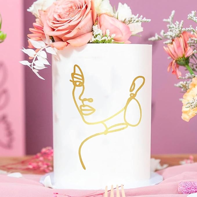 Personalized Lady Cake Topper Decorations Acrylic Minimalist Art Lady Gold Face Cake Topper Vintage Artificial Rose Flower Wedding Cake Toppers for Birthday Party Wedding Bridal Shower