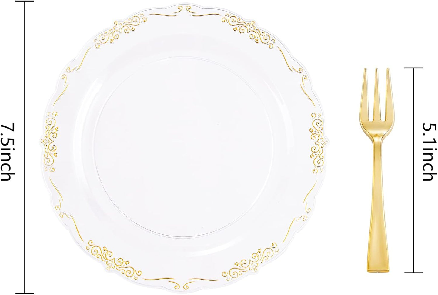 LIYH 200 Pcs Clear Gold Plastic Dessert Plates 7.5"and Cake Forks 5" - Clear Small Cake Plastic Plates and Gold Forks for Parties Wedding Birthday