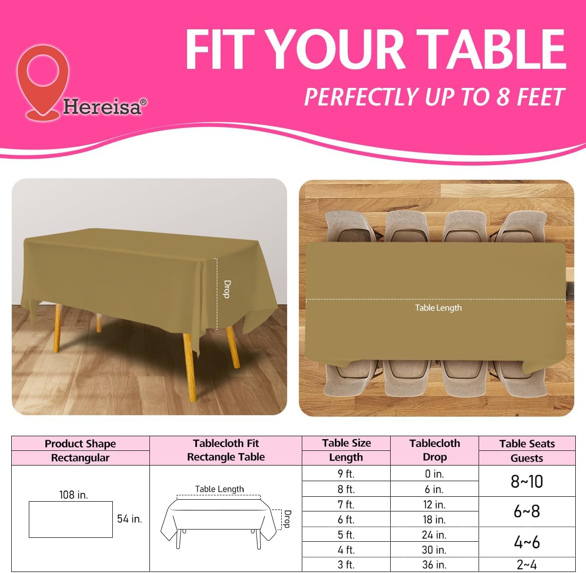 Disposable Plastic Tablecloth Gold 54x108 Inch, 5-Pack Waterproof Rectangular Table Cover for Parties, Picnics, Dining Protection