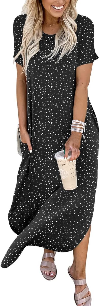ANRABESS Womens Summer Maxi Dress Short Sleeve Casual Loose Long T Shirt Dresses Split Vacation Beach Sundress Travel Outfits