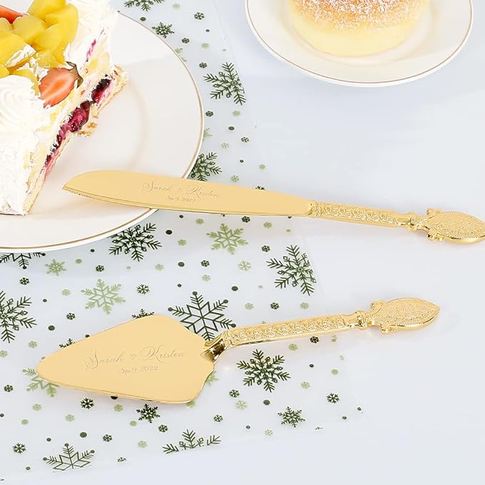 TUKDAK Cake Cutting Set for Wedding, Personalized Gold Cake Knife and Server Set, Custom Cake Serving Set, Engraved Pastry Pie Server Cake Pizza Cutter, Birthday Bridal Gift (CUS-Vintage)