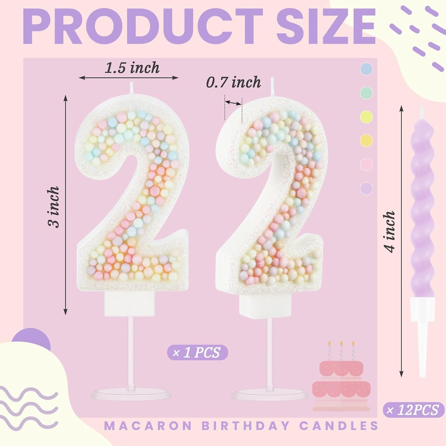 MTLEE Number 2 Birthday Candle with 12 Pcs Spiral Candles for Girls Macaron Pastel Rainbow Unicorn Pink Cake Topper for Sweet Theme Party Decoration