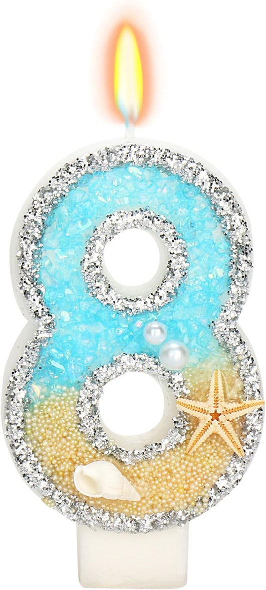8th Birthday Candle for Cake, Beach Starfish Sequins Candles, 2.76 inch Cake Topper Decoration for Birthday Party (Number 8)