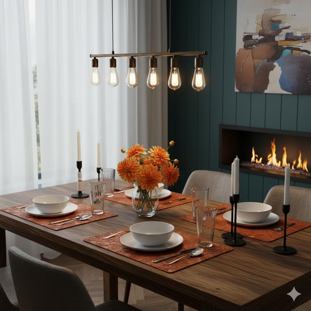 17" × 12" Faux Leather Placemats Set of 6, Caramel Brown, Washable, Wipeable & Heat-Resistant Table Mats, Waterproof & Anti-Slip Dining Place Mats with Shallow Embossed Texture for Kitchen & Dining