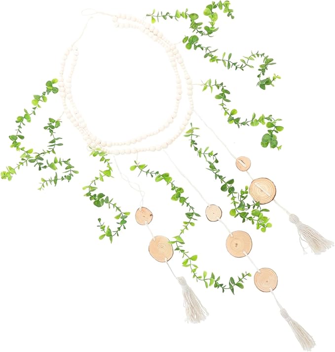 Boho Wooden Beads Garland for Photo Display Easy to Install Picture Holder Wall Decor for Bedroom and Living Room Rustic Macrame Hanging Decoration Natural Eucalyptus Leaves