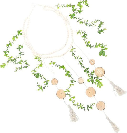 Boho Wooden Beads Garland for Photo Display Easy to Install Picture Holder Wall Decor for Bedroom and Living Room Rustic Macrame Hanging Decoration Natural Eucalyptus Leaves