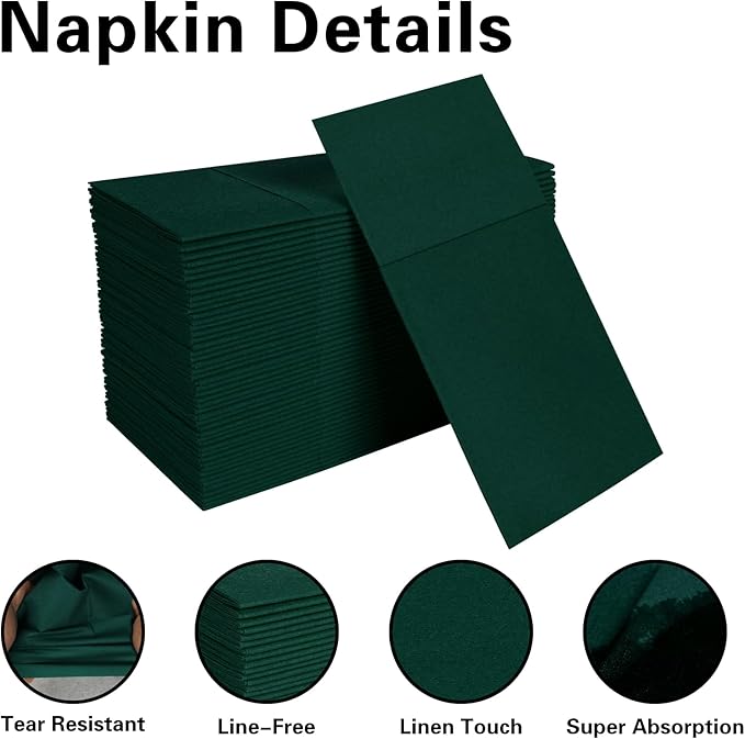 Dark Green Napkins Hand Towels Disposable, Linen-Feel Dinner Napkins with Prefolded Built-in Flatware Pocket, Guest Paper Hand Towels for Christmas Wedding Reception (16x16in, 50Pack）