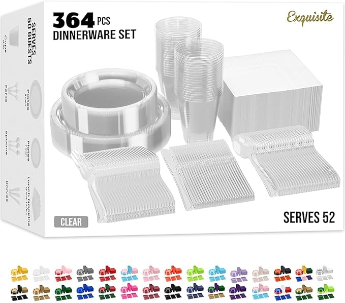 350 Pcs Clear Plastic Plates For Party, Clear Disposable Plates Set, 50 Of Each 9" Dinner Plate Set, 7" Dessert Plate, Cups, Napkins & Cutlery Plastic Dinnerware Exquisite