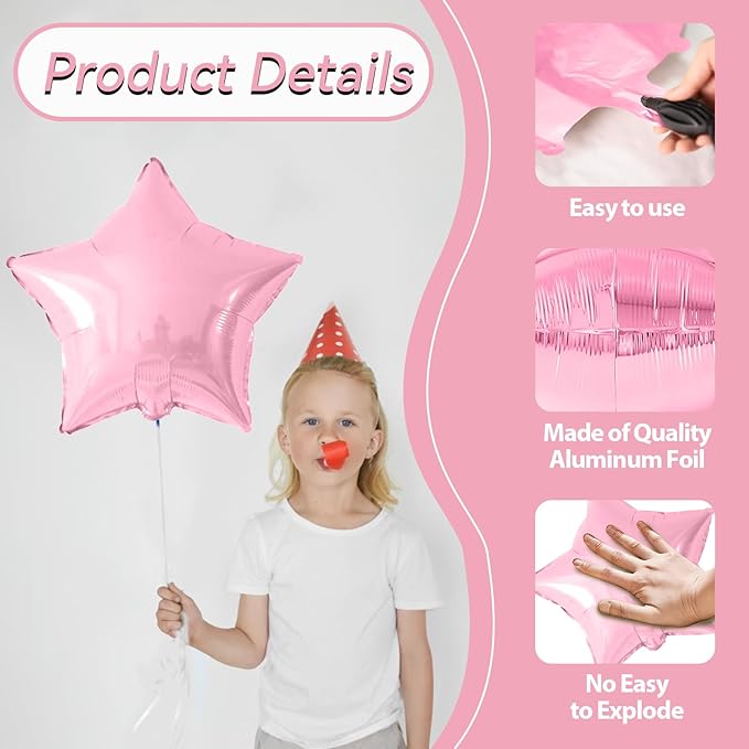 Pink Blue White Star Foil Balloons, 10PCS Foil Stars Shape Balloons, 18 Inch Metallic Light Pink Blue Stars Balloon Helium for Girls Boys Birthday, Gender Reveal, Baby Shower Party Decoration