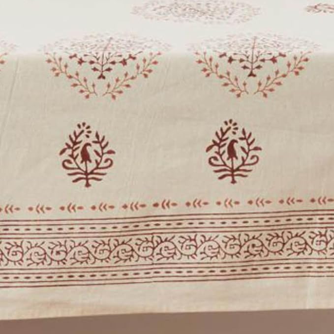 Block Print Cotton Dining Table Cloth, 90" x 60", Rectangle Tablecloth, Decorative Fabric Table Cover, Holidays, Thanksgiving, Christmas, Weddings, Housewarming Gift (Beige Brown Henna)