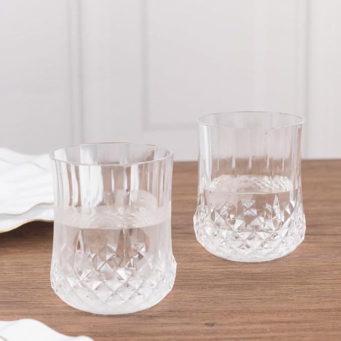 Efavormart 6 Pack Clear Crystal Cut Plastic Stemless Wine Glasses, 8oz Shatterproof Reusable All-Purpose Whiskey Cups