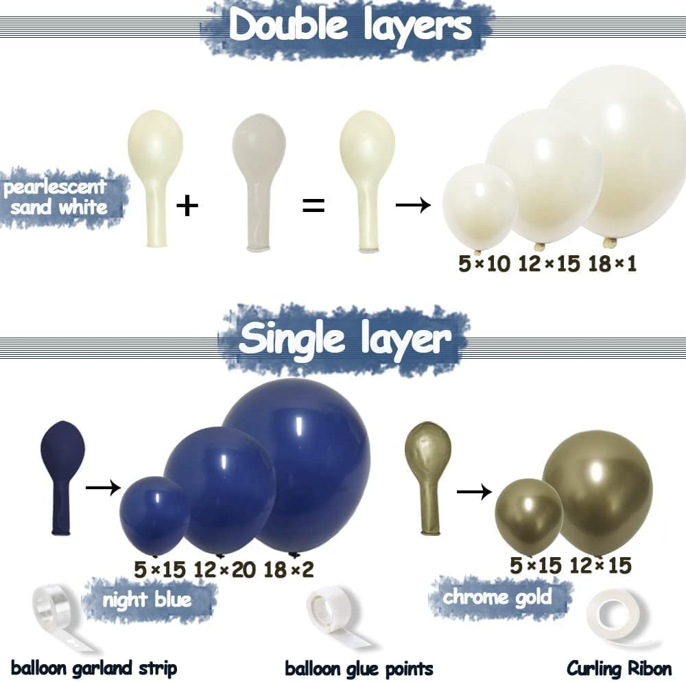 Navy Blue Balloon Garland Double Stuffed Pearl White Royal Blue Balloons Dark Navy Gold Balloon Arch Kit for Birthday Baby Shower Graduation Bridal Wedding New Year's Party Decor