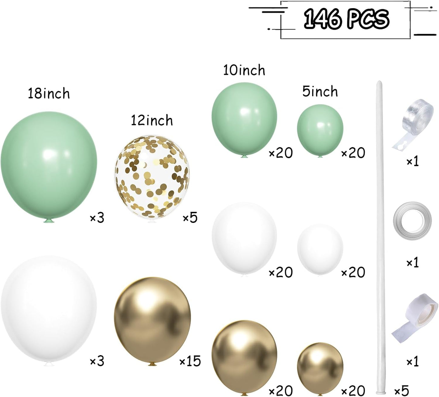 Sage Green White Gold Balloon Garland Arch Kit, 146Pcs Latex Balloons Different Sizes 18 12 10 5 Inch for Birthday Baby Shower Gender Reveal Wedding Party Decoration