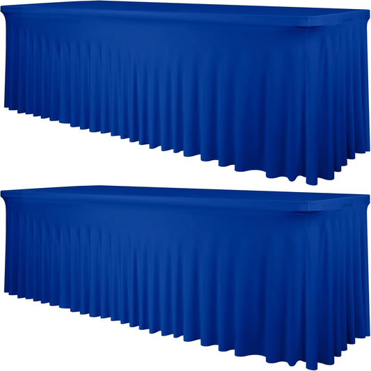 2 Packs Royal Blue Stretch Table Skirts for 8 Foot Rectangle Table, Washable Spandex Stretch Tablecloths with Skirt, Wrinkle Resistant Fitted Tablecover for Wedding Party Banquet