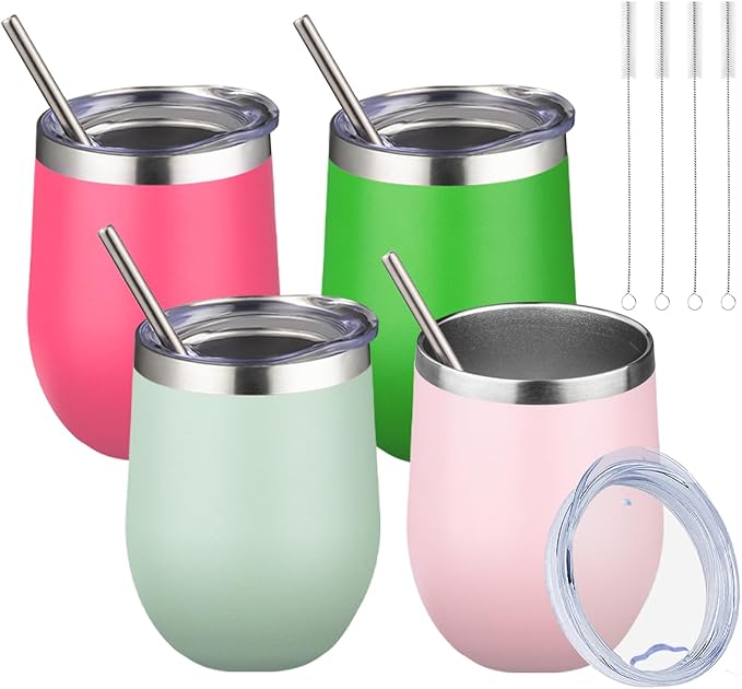 12oz/4 Pack Wine Tumbler Glasses with Lid Stemless Double Wall Vacuum Stainless Steel Travel Tumbler Keeping Cold & Hot for Wine,Coffee,Cocktails,Christmas Drinks-Family and Gifts(Multi color-10)
