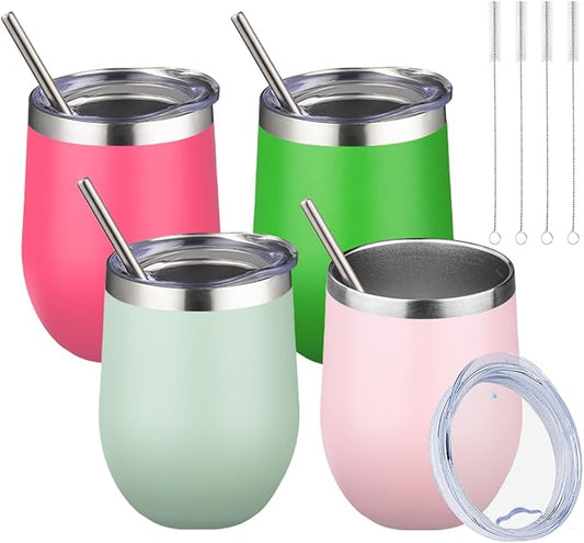 12oz/4 Pack Wine Tumbler Glasses with Lid Stemless Double Wall Vacuum Stainless Steel Travel Tumbler Keeping Cold & Hot for Wine,Coffee,Cocktails,Christmas Drinks-Family and Gifts(Multi color-10)