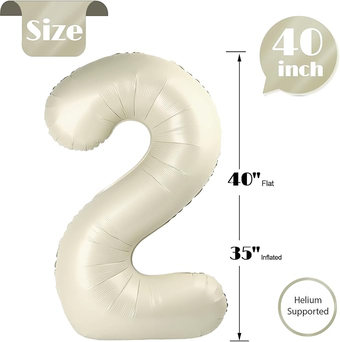 Cream 2 Balloon, Cream Number Balloons 40 Inch, 2nd Number Birthday Decorations, Second Two Birthday Party Supplies, Number 2 Balloon