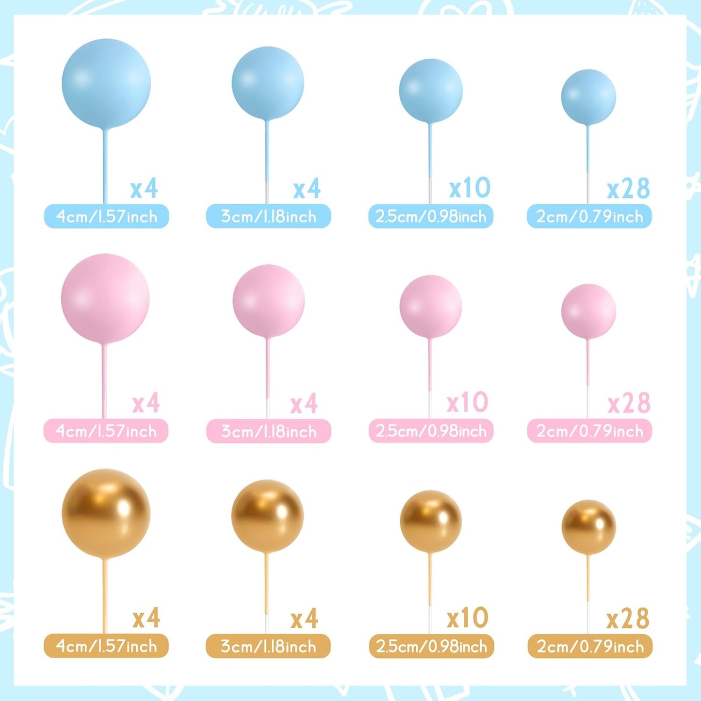 138 Pcs Balls Cake Topper Decorations Balloon Cupcake Toppers Foam Multisize Cake Topper Balls for Birthday Party Wedding Anniversary (Blue,Pink,Gold)