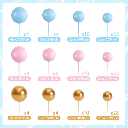 138 Pcs Balls Cake Topper Decorations Balloon Cupcake Toppers Foam Multisize Cake Topper Balls for Birthday Party Wedding Anniversary (Blue,Pink,Gold)