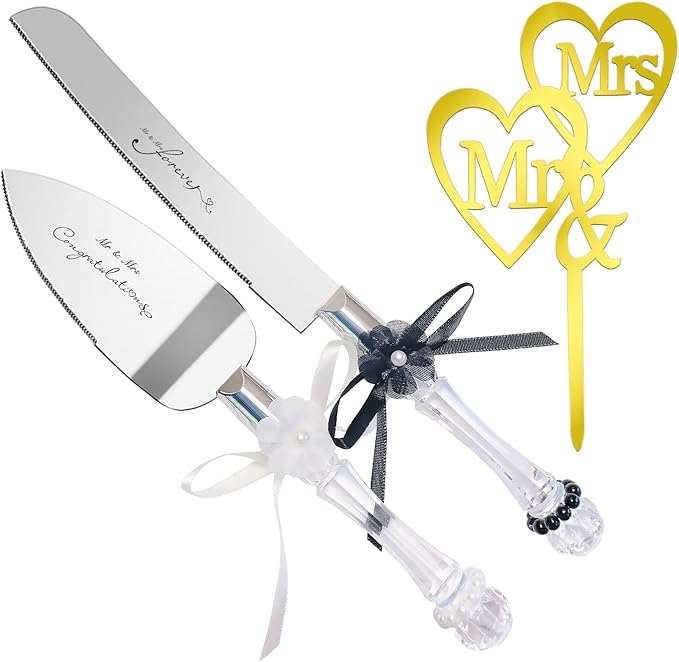 Set of 3 Cake Cutter Set Wedding Cake Knife and Server Set with Cake Topper, Perfect Cake Cutter for Wedding registry must haves, Cake Cutting Set with Black White Daisy Ribbons Design