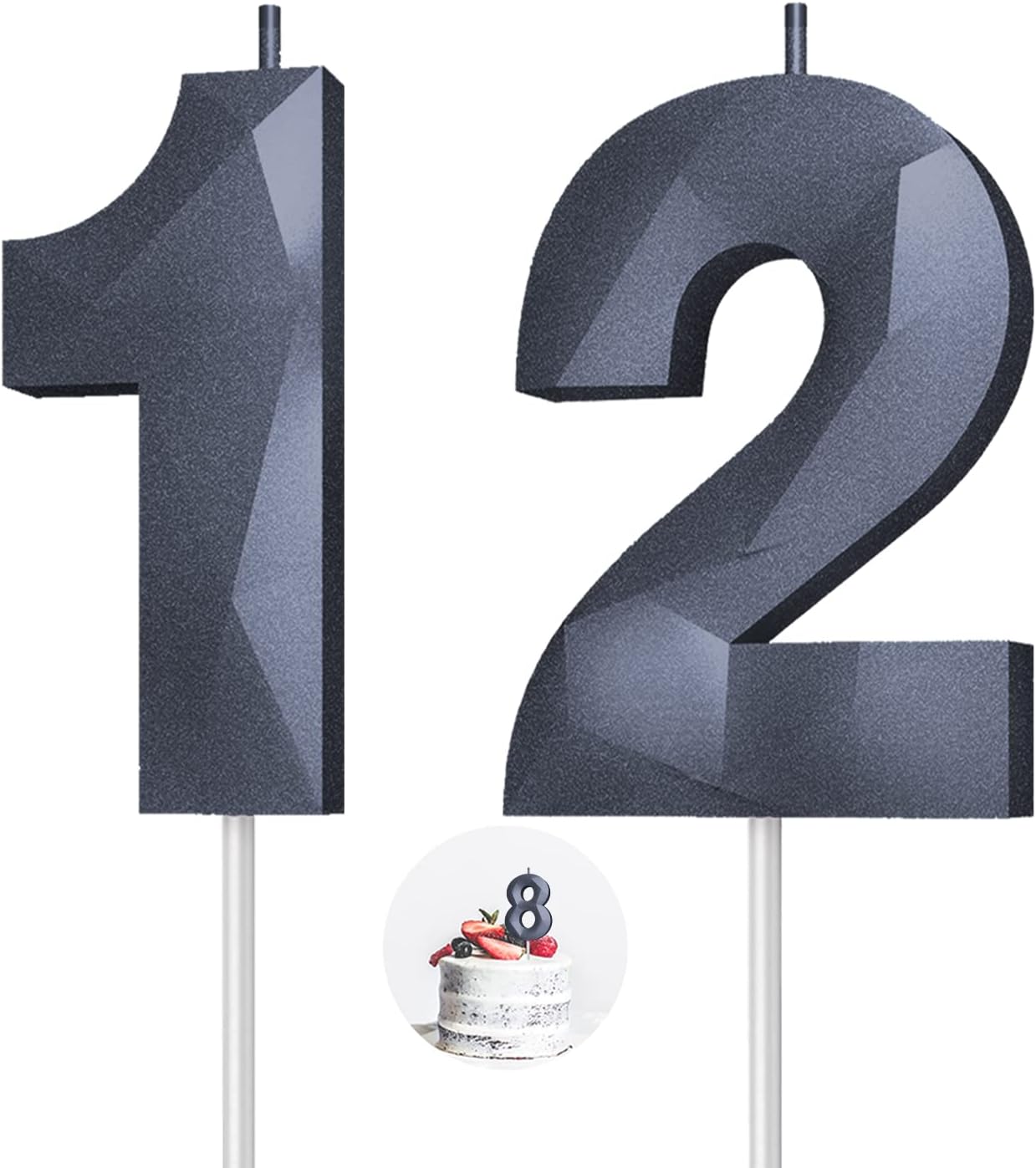 Number Birthday Candles(12 Candle Black) 3D Diamond Shape 12th Happy Birthday Cake Topper Decorations for Boy Men Birthday Wedding Anniversary Celebration Theme Party Supplies