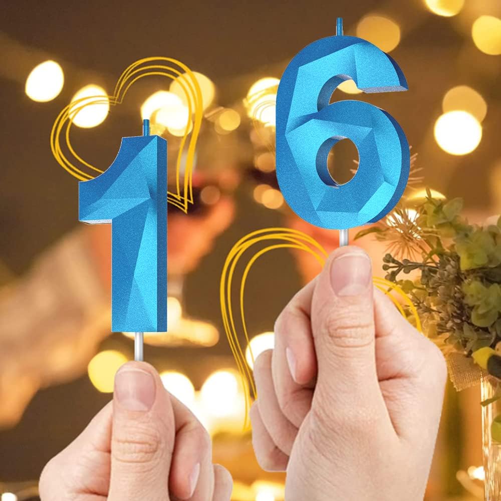 Number Birthday Candles(7 Candle Blue) 3D Diamond Shape Number Happy Birthday Cake Candles for Birthday Party Wedding Decoration Reunions Theme Party