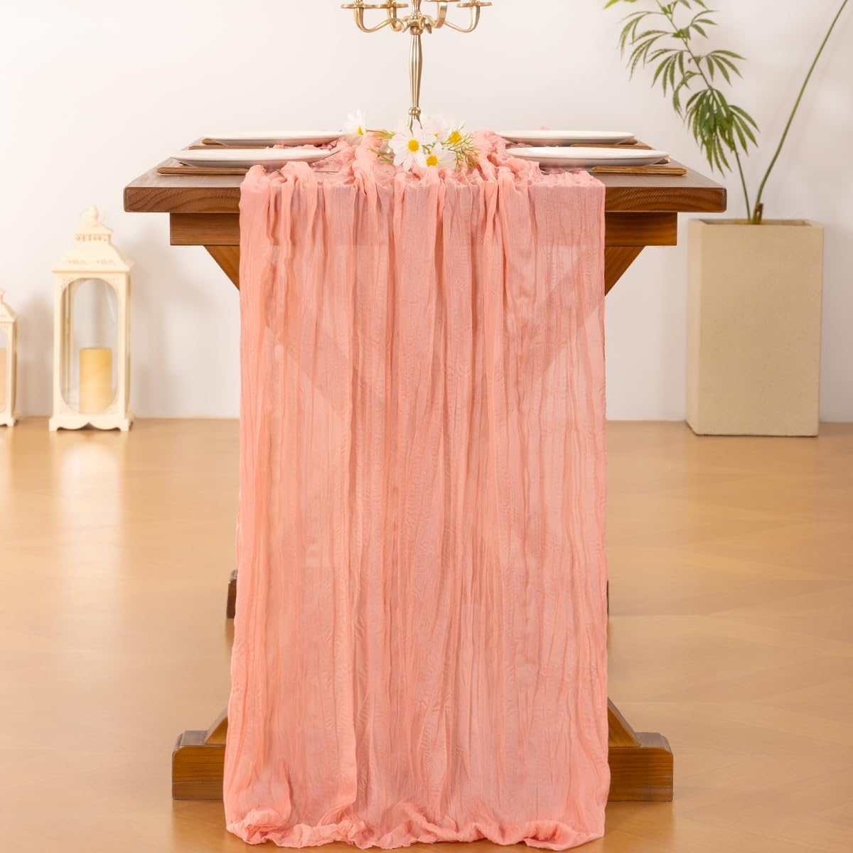 Socomi 3pcs Coral Peach Fall Thanksgiving Cheesecloth Table Runner Boho Rustic Gauze 120 inch 10FT Cheese Cloth Runner for Wedding Party Baby Shower Birthday Home Decor Holiday Decorations
