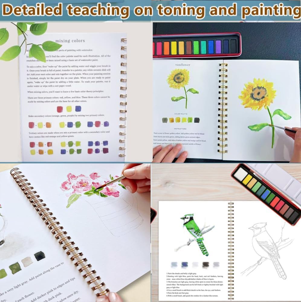 Watercolor Workbooks, Beginner Watercolor Painting Kit – 12 Colors Paint Set with Brush (Christmas)