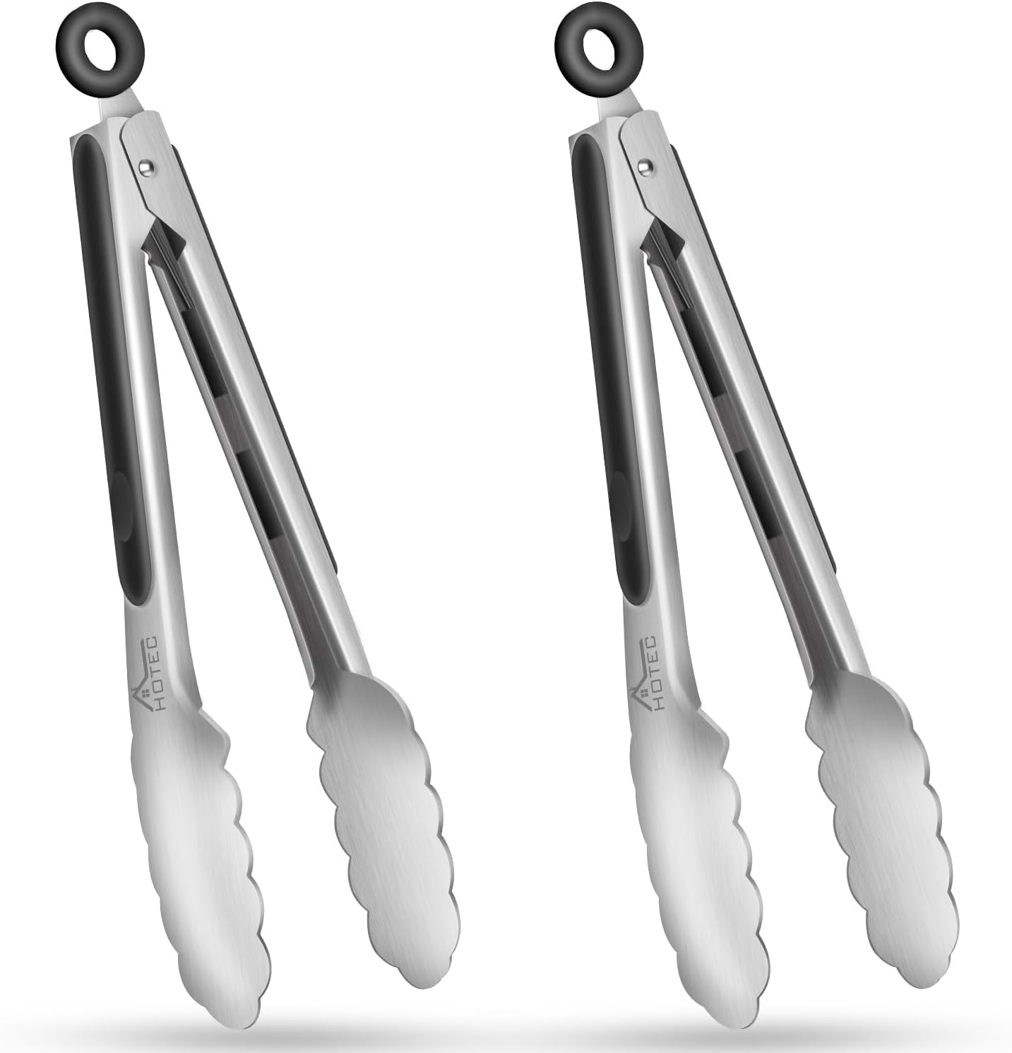 Hotec Stainless Steel Kitchen Tongs, Set of 2-9", Locking Metal Food Tongs for Cooking, Serving, BBQ, Grill Non-Slip Grip