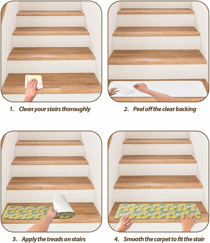 Summer Flowers Stair Treads Non Slip for Wooden Steps Pink Floral Yellow Lemons Leaves Green Pastoral Stair Runner Carpet Reusable Adhesive Staircase Rugs for Dogs, Elders and Pets, 8x30 Inch, 10PCS